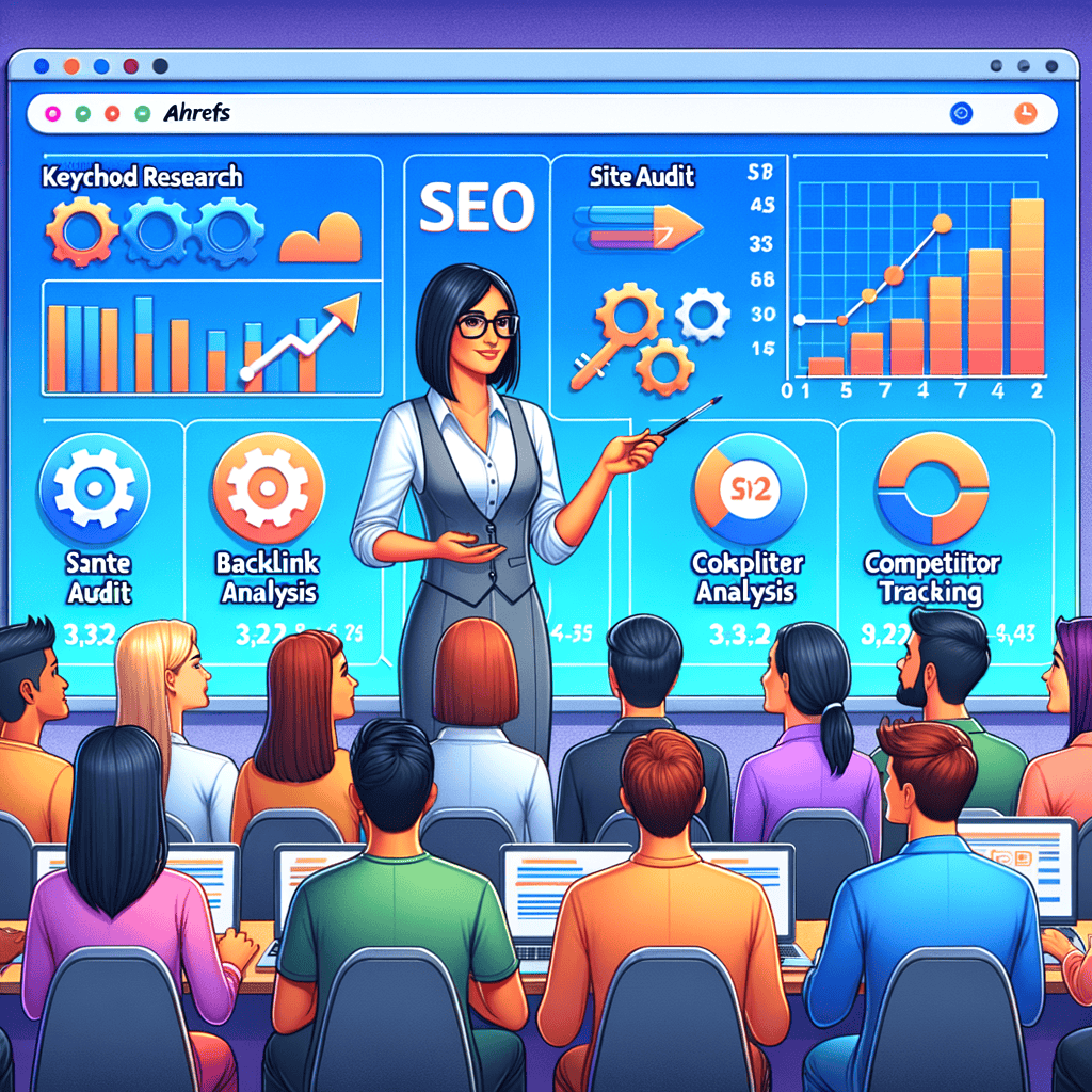 Professional SEO expert demonstrating Ahrefs tools for keyword research, site audit, backlink analysis, competitor analysis, and rank tracking to beginners.