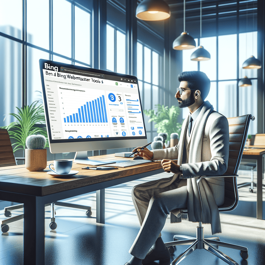 A professional SEO expert analyzing Bing Webmaster Tools, showcasing Bing ranking factors and optimization strategies in a modern office environment.