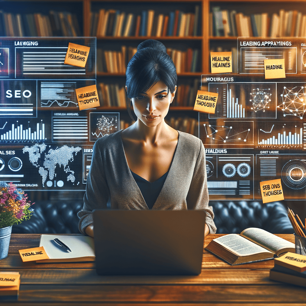 A digital marketer analyzing data on a laptop, surrounded by headline ideas and SEO books, illustrating tips on how to write attractive headlines for SEO beginners.