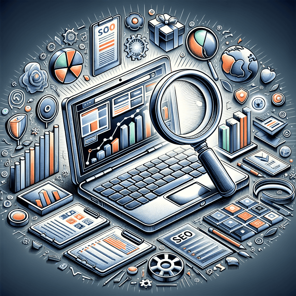 Illustration of a laptop with an educational website, surrounded by SEO icons, highlighting SEO strategies and tips for improving search rankings for educational institutions and online courses.