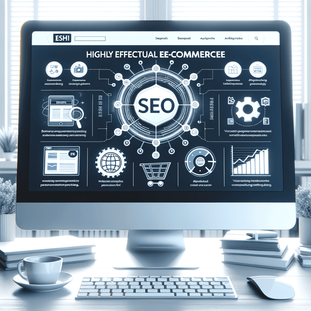 Professional e-commerce website on a computer screen showcasing SEO strategies for online stores, including keyword research and optimization tools.
