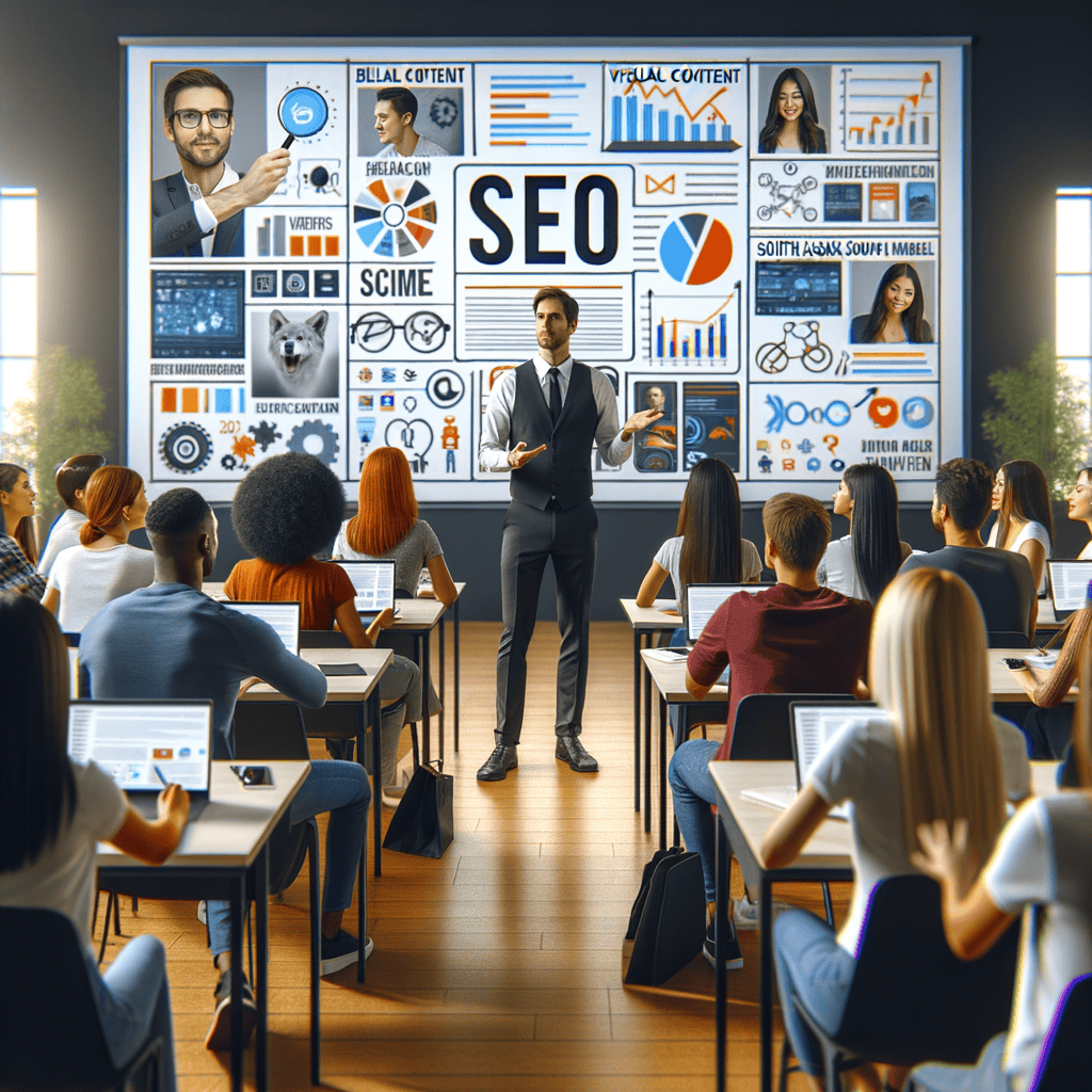 A professional SEO expert presenting a workshop on the importance of visual content in SEO strategies, with a screen showcasing images, videos, and infographics.