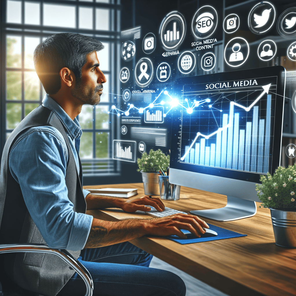 A digital marketer analyzing social media metrics on a computer screen, highlighting the SEO benefits of social media content optimization.