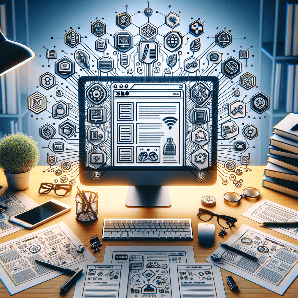 A professional workspace showcasing a computer screen with a comparison chart of top SEO plugins for WordPress in 2023, highlighting essential and beginner-friendly SEO tools.