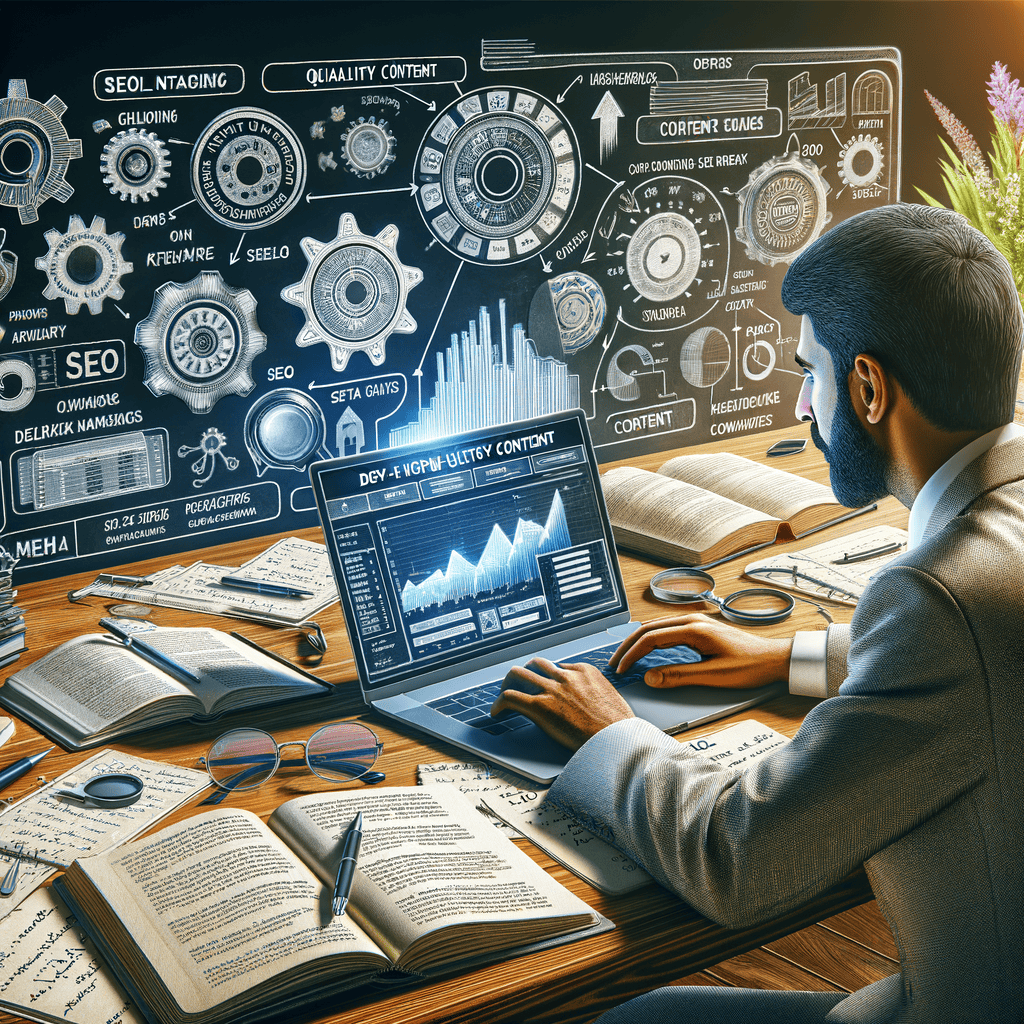 Laptop displaying website analytics dashboard surrounded by SEO content strategy notes and books, highlighting the importance of high-quality content for effective SEO.