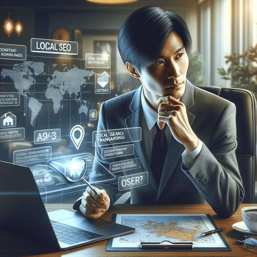 Local SEO tips: A professional setting with a laptop showing local SEO analytics, a checklist, and a map, highlighting local SEO techniques for beginners.